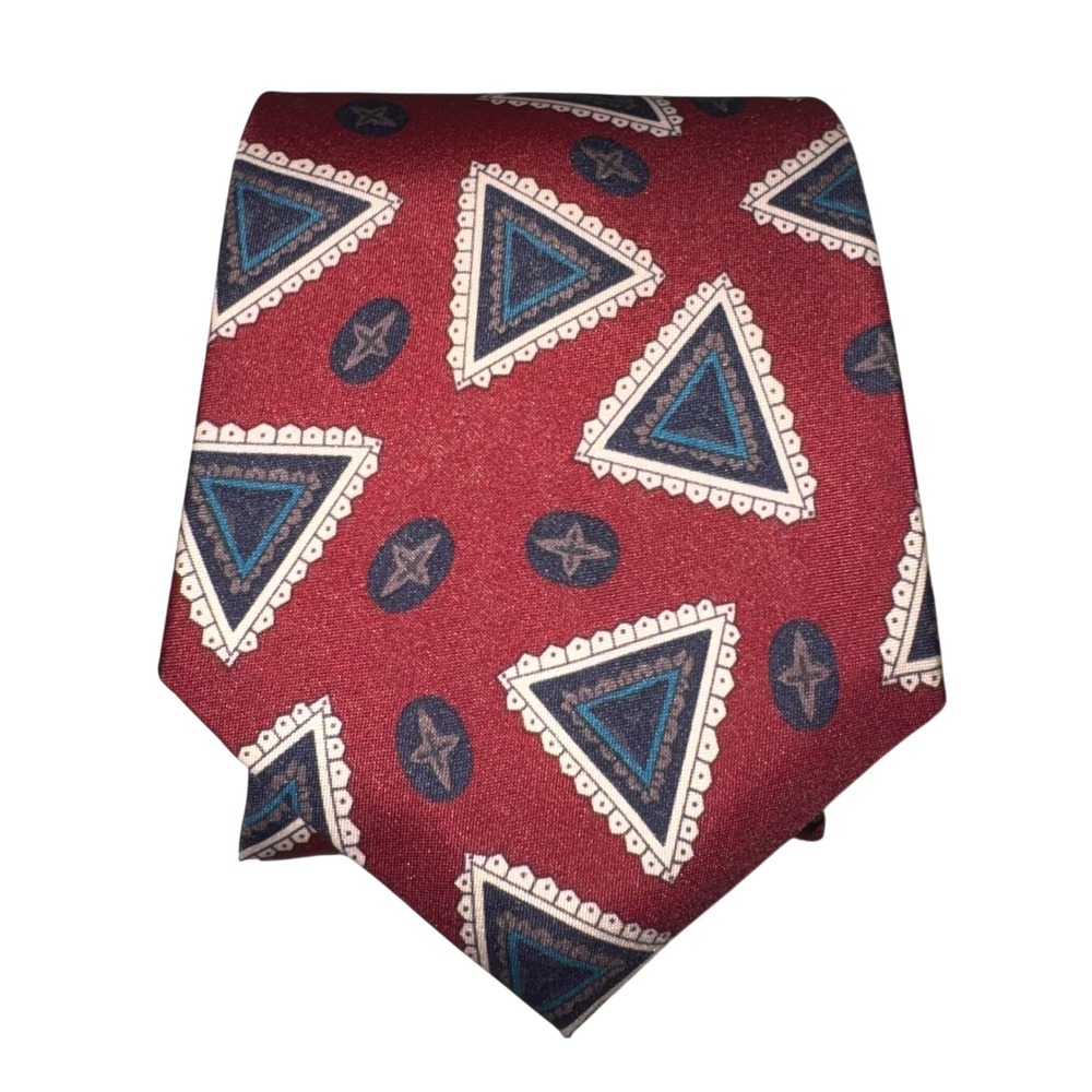 Hardy Amies London Mens Silk Tie Burgundy Geometric Triangle Star Necktie
